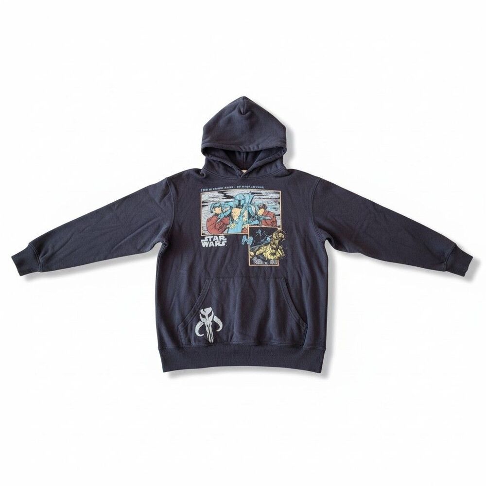 Star Wars Men's Mandalorian Pullover Hoodie Grogu Size M Navy Blue Comic Panel
